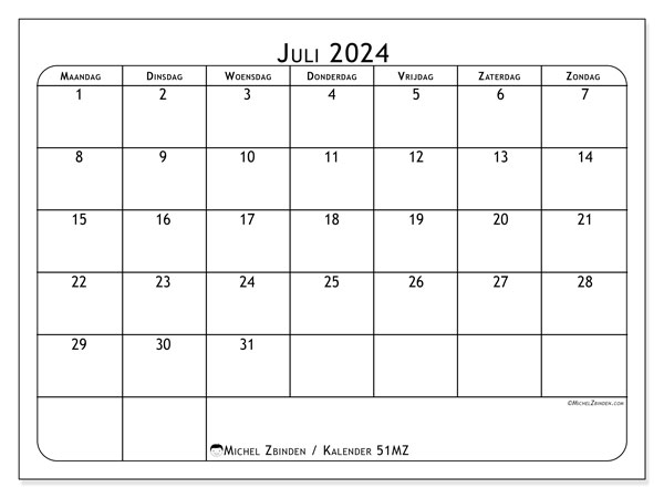 Kalender juli 2024 “51”. Gratis afdrukbare kalender.. Maandag tot zondag