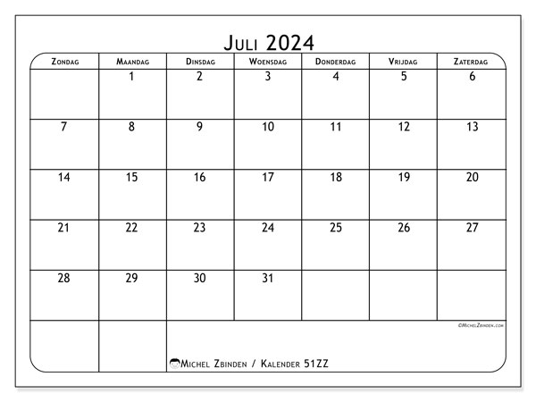 Kalender juli 2024 “51”. Gratis afdrukbare kalender.. Zondag tot zaterdag