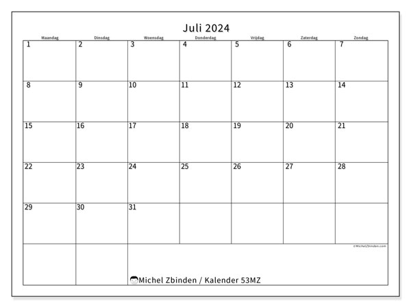 Kalender juli 2024, 53ZZ. Gratis printbaar schema.