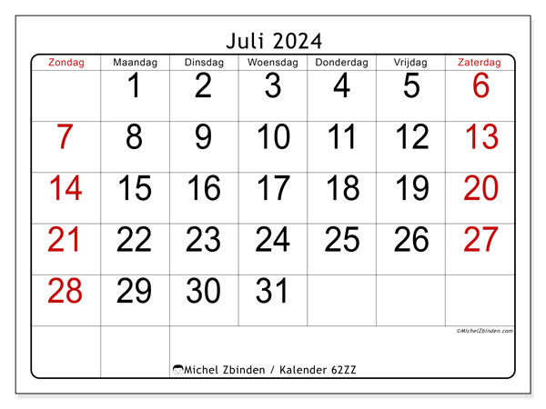 Kalender juli 2024, 62ZZ. Gratis printbaar schema.