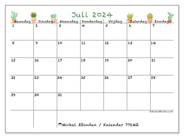 Kalender juli 2024, 772MZ. Gratis printbaar schema.