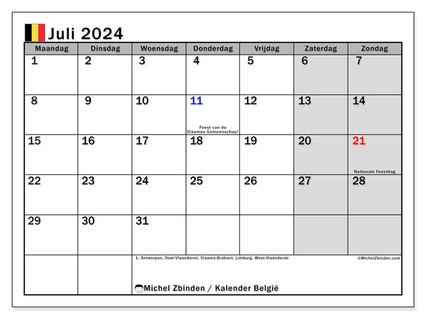 Kalender juli 2024, België. Gratis afdrukbaar programma.