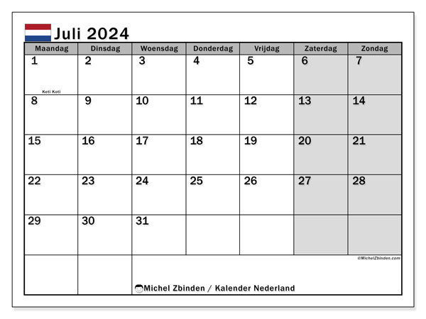 Kalender Juli 2024, Niederlande (NL). Kalender zum Ausdrucken kostenlos.