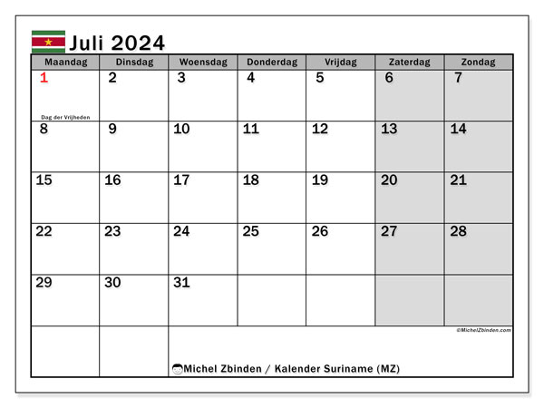 Kalendarz lipiec 2024, Surinam (NL). Darmowy program do druku.