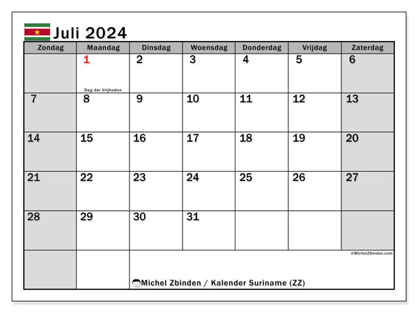 Kalender juli 2024 “Suriname”. Gratis afdrukbaar programma.. Zondag tot zaterdag