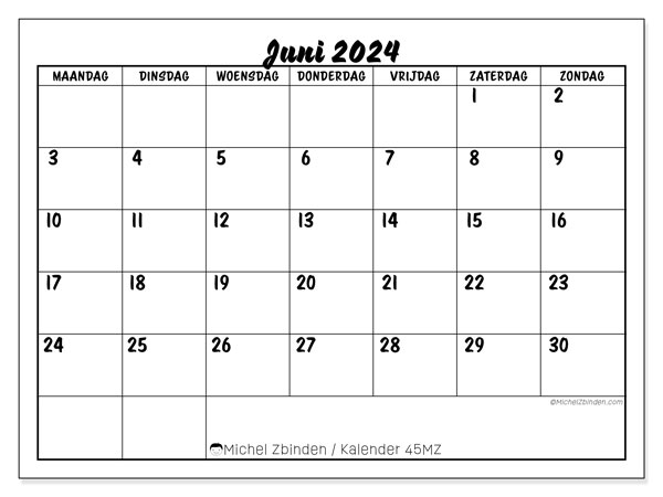 Kalender juni 2024, 45MZ. Gratis afdrukbaar programma.