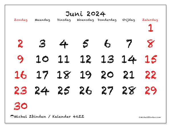 Kalender juni 2024, 46ZZ. Gratis afdrukbaar programma.