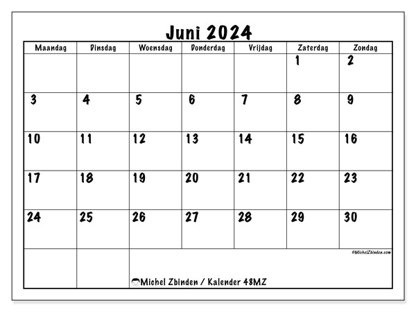 Kalender juni 2024, 48MZ. Gratis afdrukbaar programma.