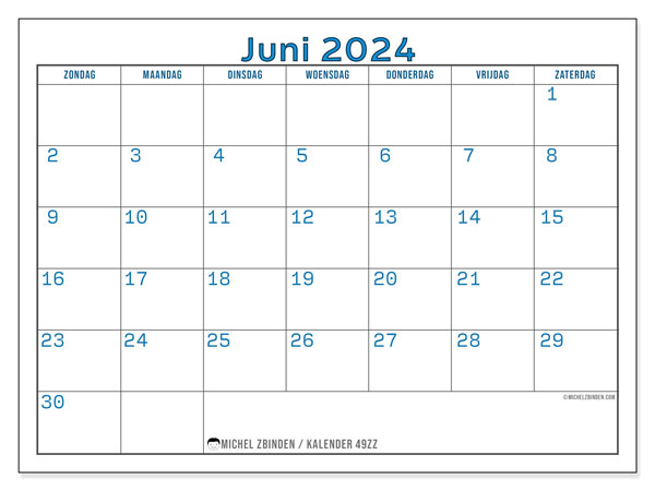 Kalender juni 2024, 49ZZ. Gratis afdrukbaar programma.