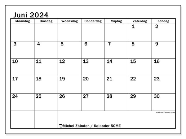 Kalender juni 2024 “50”. Gratis printbare kaart.. Maandag tot zondag