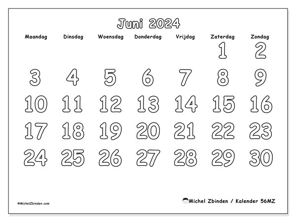Kalender juni 2024 “56”. Gratis af te drukken agenda.. Maandag tot zondag