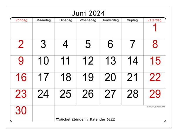 Kalender juni 2024, 62ZZ. Gratis afdrukbaar programma.