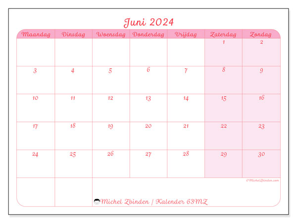 Kalender juni 2024 “63”. Gratis afdrukbare kalender.. Maandag tot zondag