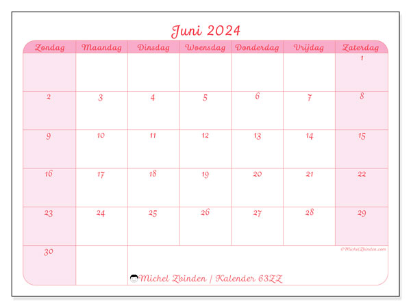 Kalender juni 2024 “63”. Gratis afdrukbare kalender.. Zondag tot zaterdag