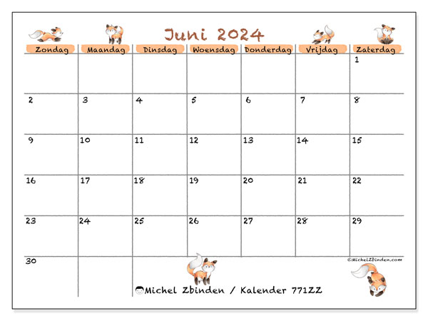 Kalender juni 2024, 771ZZ. Gratis afdrukbaar programma.