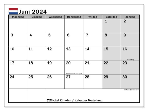 Kalender juni 2024 “Nederland”. Gratis printbare kaart.. Maandag tot zondag