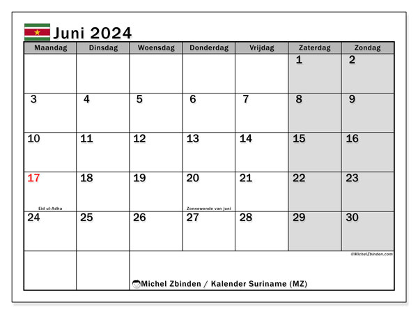 Kalender juni 2024 “Suriname”. Gratis afdrukbare kalender.. Maandag tot zondag