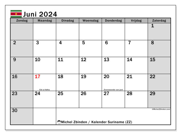 Kalender juni 2024 “Suriname”. Gratis afdrukbare kalender.. Zondag tot zaterdag
