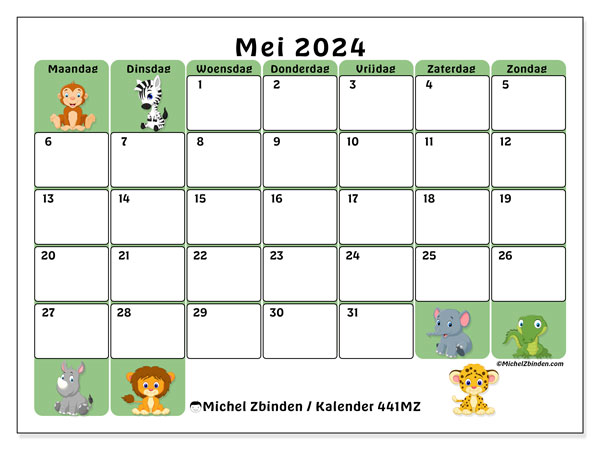 Kalender mei 2024, 441ZZ. Gratis afdrukbaar programma.