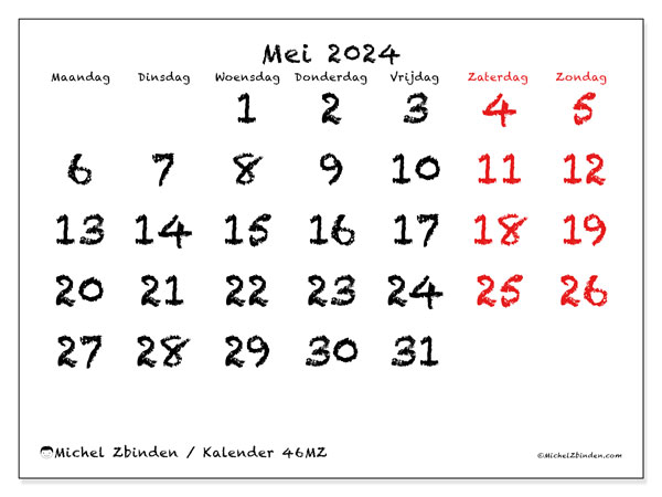 Kalender mei 2024, 46ZZ. Gratis afdrukbaar programma.