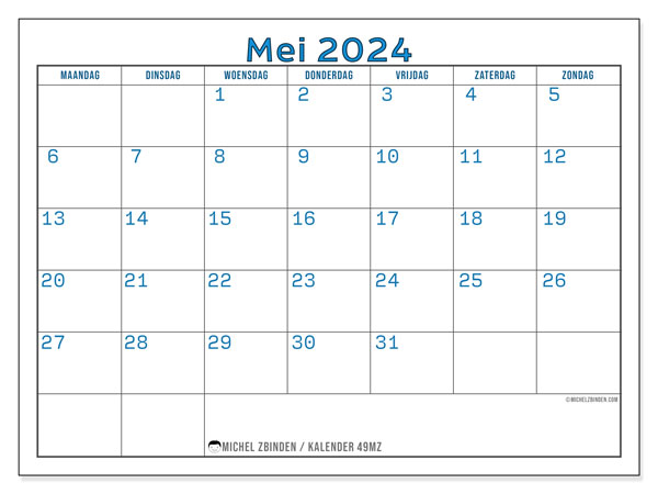Kalender mei 2024, 49MZ. Gratis afdrukbaar programma.