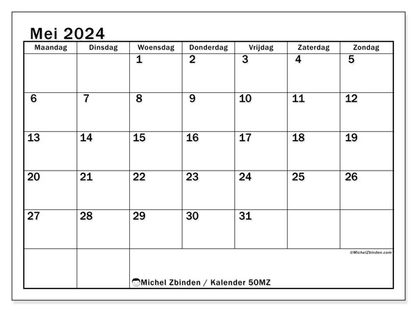 Kalender mei 2024, 50ZZ. Gratis afdrukbaar programma.