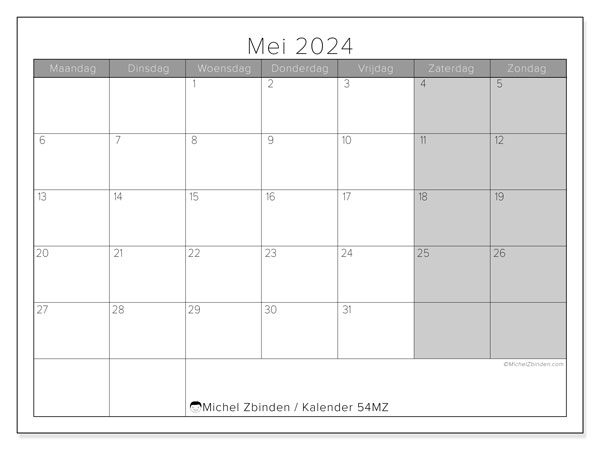 Kalender mei 2024, 54ZZ. Gratis afdrukbaar programma.