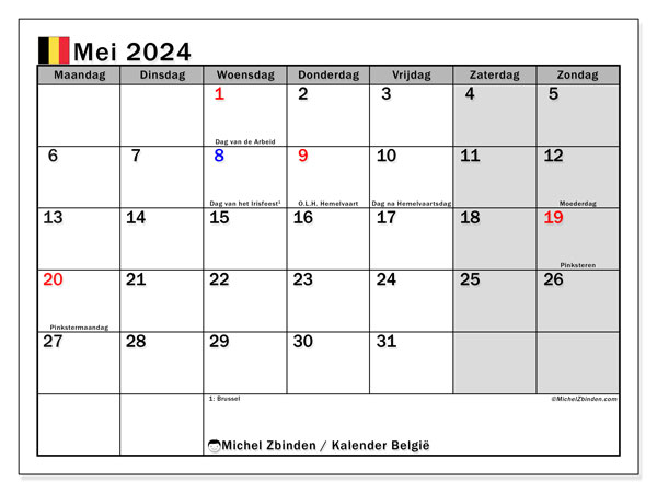 Kalender maj 2024, Belgien (NL). Gratis kalender som kan skrivas ut.