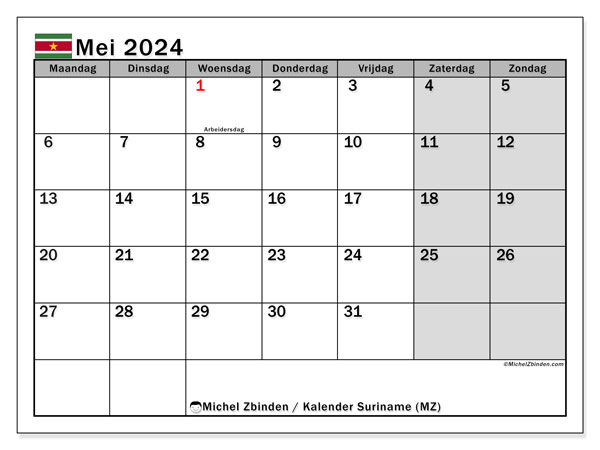 Kalender mei 2024, Suriname. Gratis printbaar schema.