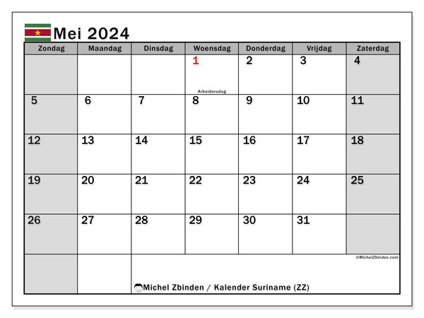 Kalender mei 2024 “Suriname”. Gratis printbaar schema.. Zondag tot zaterdag
