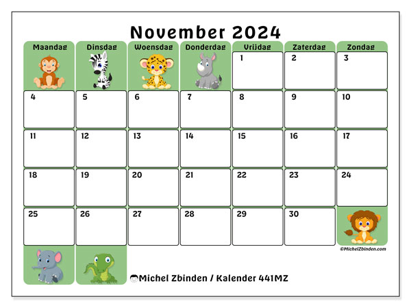 Kalender november 2024, 441ZZ. Gratis afdrukbaar programma.