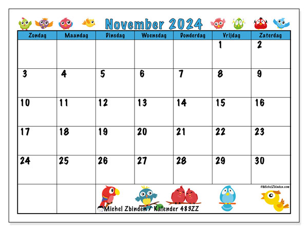 Kalender november 2024, 483ZZ. Gratis afdrukbaar programma.