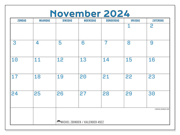 Kalender november 2024, 49ZZ. Gratis afdrukbaar programma.