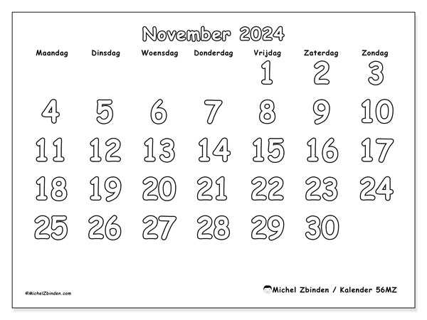 Kalender november 2024, 56ZZ. Gratis afdrukbaar programma.