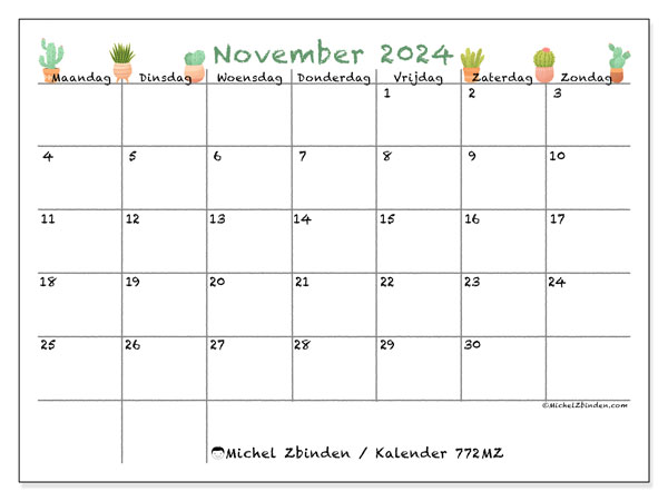 Kalender november 2024, 772MZ. Gratis afdrukbaar programma.