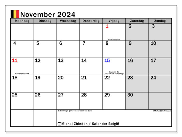 Kalender november 2024 “België”. Gratis af te drukken agenda.. Maandag tot zondag