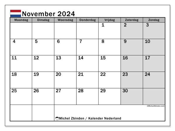 Kalender november 2024 “Nederland”. Gratis afdrukbare kalender.. Maandag tot zondag