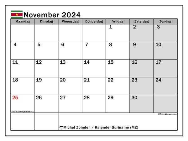 Kalendarz listopad 2024, Surinam (NL). Darmowy kalendarz do druku.