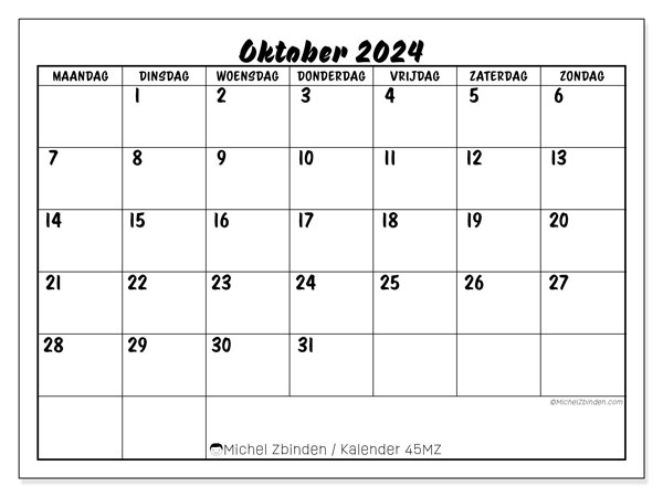 Kalender oktober 2024, 45ZZ. Gratis af te drukken agenda.