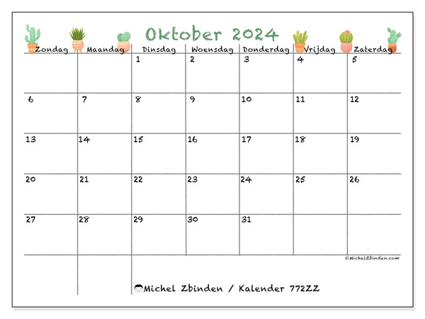 Kalender oktober 2024, 772ZZ. Gratis af te drukken agenda.