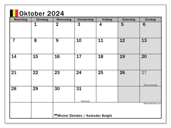 Kalender Oktober 2024, Belgien (NL). Programm zum Ausdrucken kostenlos.