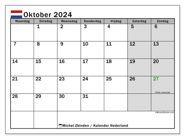 Kalender oktober 2024 “Nederland”. Gratis afdrukbare kalender.. Maandag tot zondag