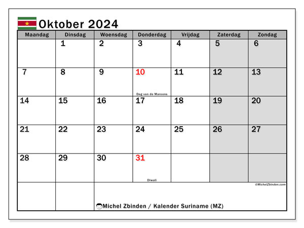 Kalender oktober 2024, Surinam (NL). Gratis plan for utskrift.