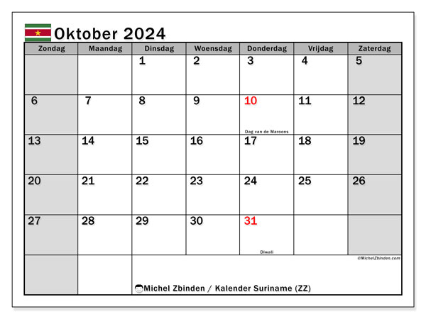 Kalender oktober 2024 “Suriname”. Gratis afdrukbaar programma.. Zondag tot zaterdag
