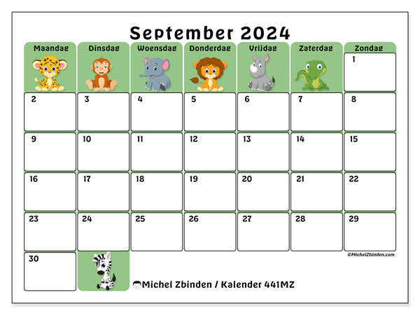 Kalender september 2024, 441ZZ. Gratis afdrukbare kalender.