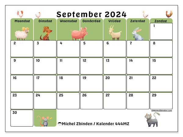 Kalender september 2024, 444ZZ. Gratis afdrukbare kalender.