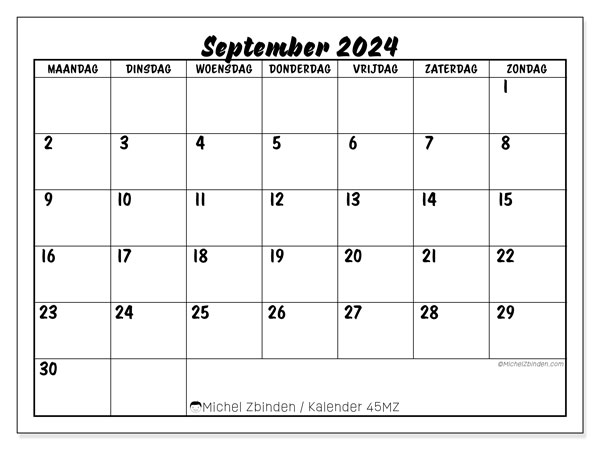 Kalender september 2024, 45MZ. Gratis afdrukbare kalender.