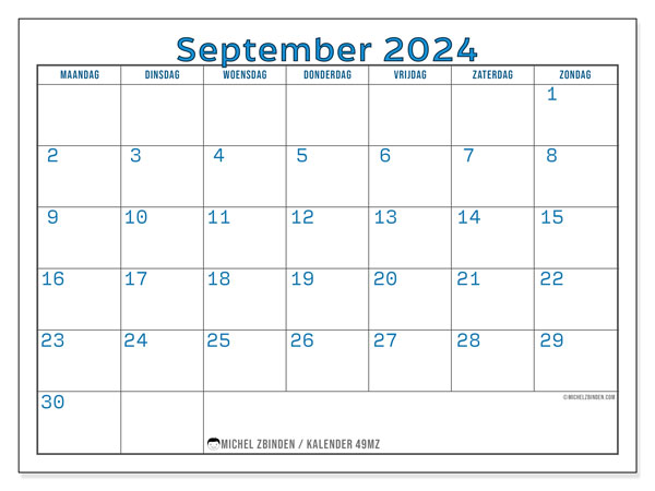 Kalender september 2024, 49MZ. Gratis afdrukbare kalender.
