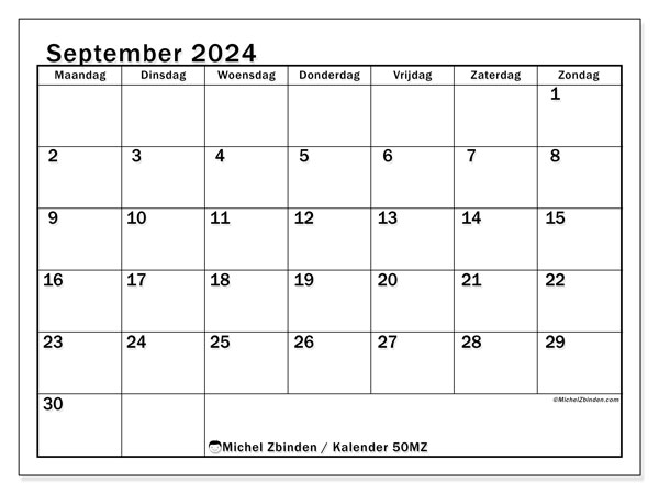 Kalender september 2024, 50ZZ. Gratis afdrukbare kalender.