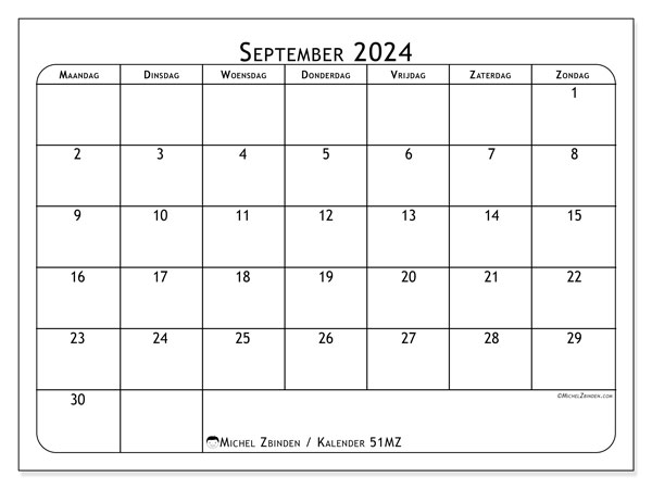 Kalender september 2024, 51ZZ. Gratis afdrukbare kalender.